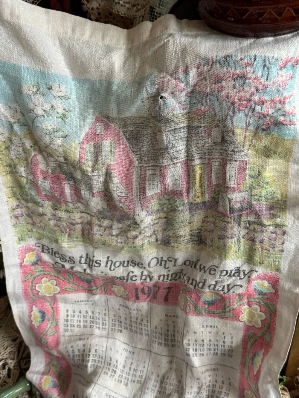 Vintage Pink and Green Floral Calendar Tea Towel